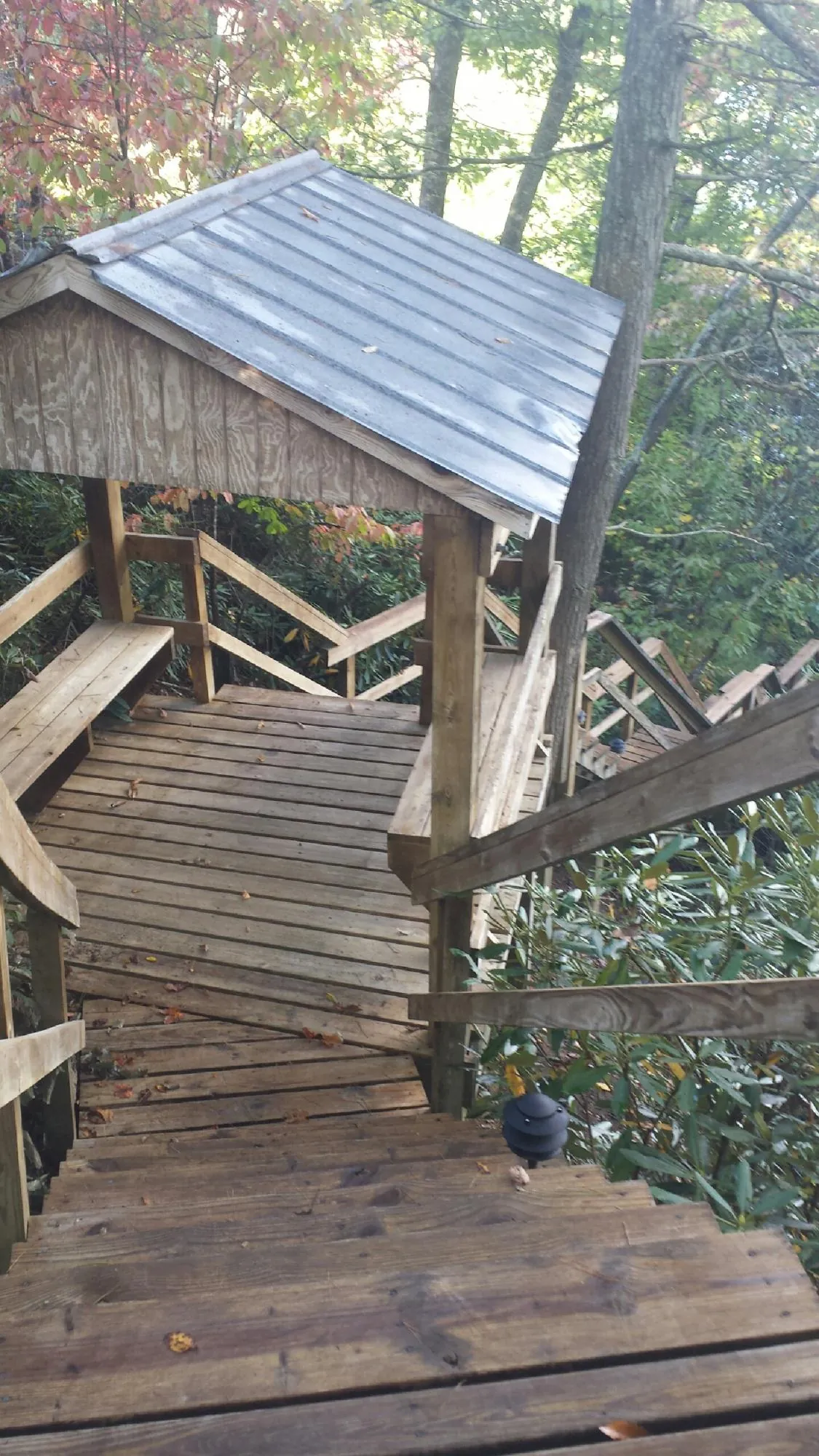 Metal roofed shelter over wooden steps on a wooded walkway — Skylight Repair & Installation work by our crew in Maplewood
